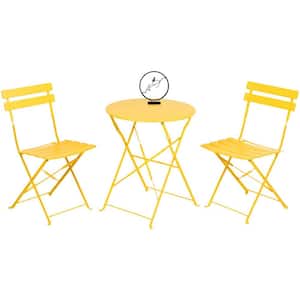 3-Piece Steel Frame Round Table Patio Outdoor Bistro Dining Set, Foldable Patio Table and Chairs Furniture, Yellow
