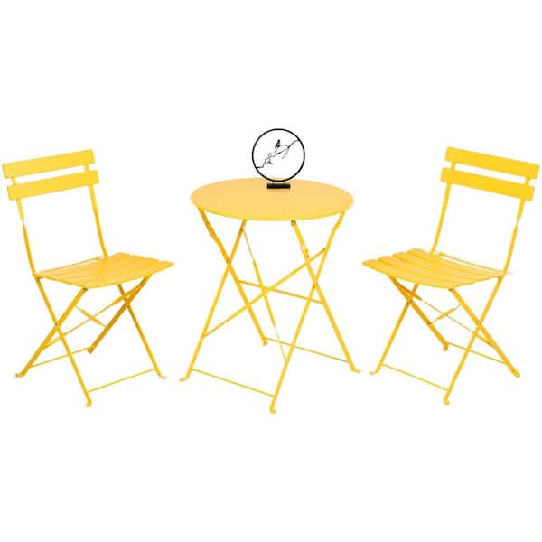 Yangming 3-Piece Steel Frame Round Table Patio Outdoor Bistro Dining Set, Foldable Patio Table and Chairs Furniture, Yellow