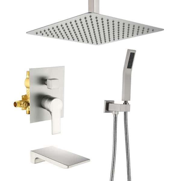 WATWAT liric Celling Mount Single Handle Square High Pressure Shower Faucet with Ceramic Valve in Brushed Nickel