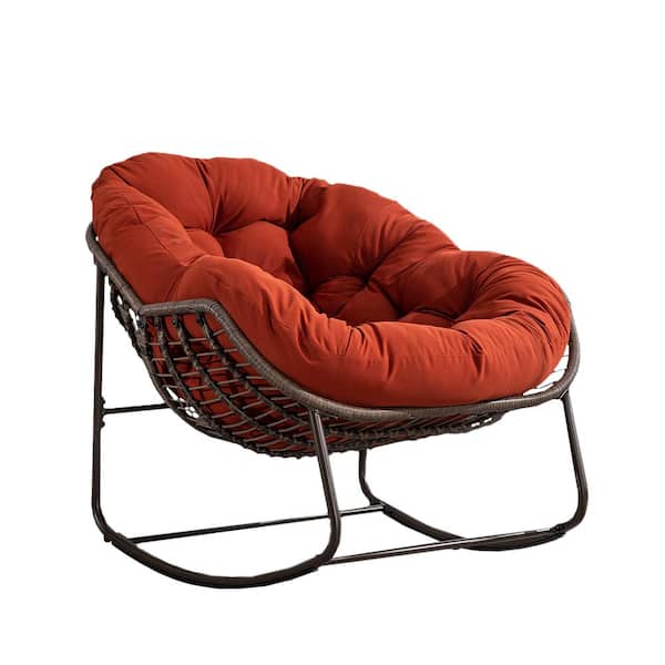 Tatayosi 1-Piece Metal Rattan Outdoor Rocking Chair Rocker Recliner Chair with Orange Cushion