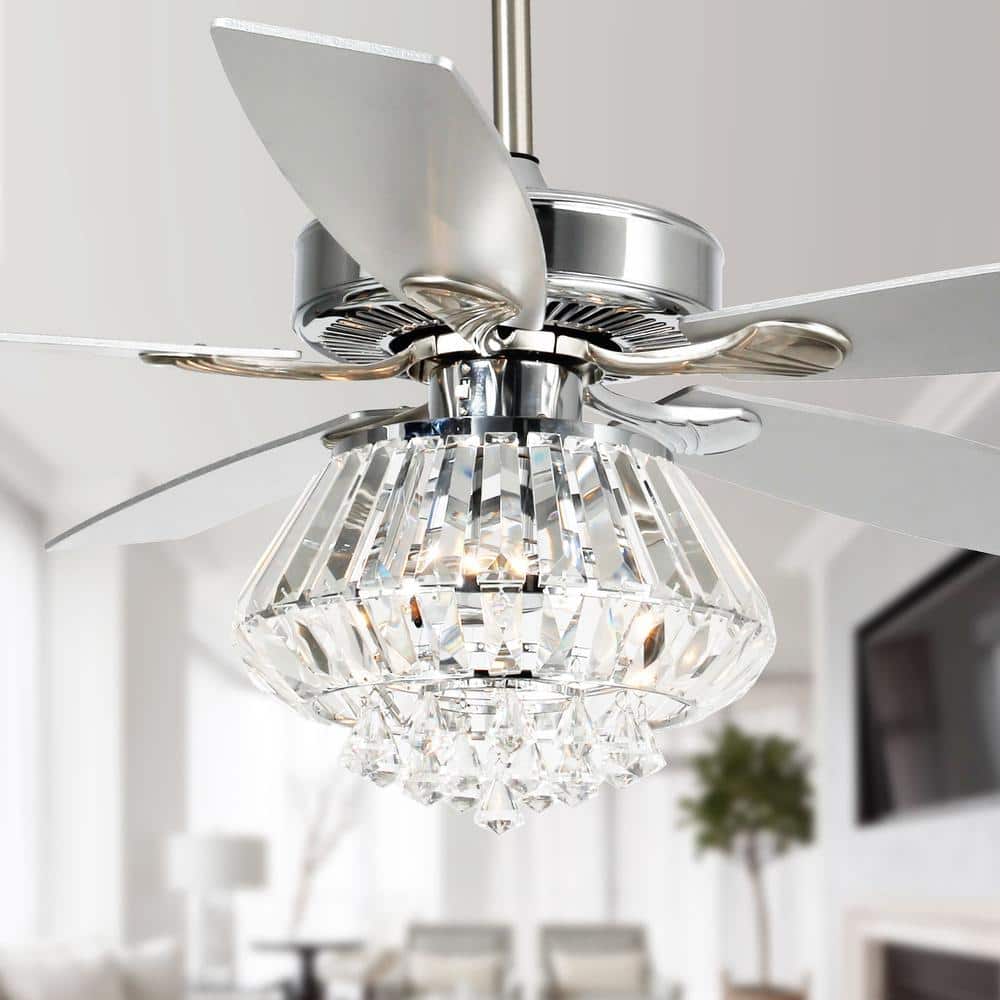 52 in. Indoor Chrome Downrod Mount Crystal Chandelier Ceiling Fan with Light and Remote Control price history on PriceWatchPro