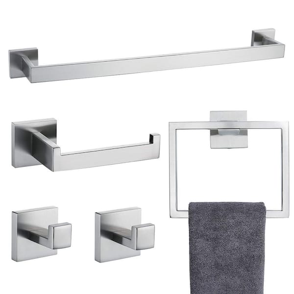 FUNKOL 5-Piece Bath Hardware Set, Wall Mounted Towel Bar Set, Toilet Paper Holder, Towel Ring, Clothes Hook, Stainless Steel