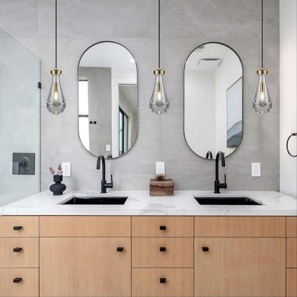 1 Light Gold Pendant Light with Handblown Glass Shade and Rod, Brushed Brass Finish Hanging Light Fixture