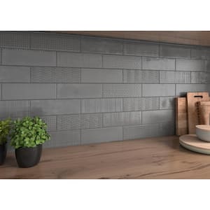 Citylights Graphite 3D Mix 4 in. x 12 in. Glossy Ceramic Gray Textured Subway Tile (9.69 sq. ft./case )