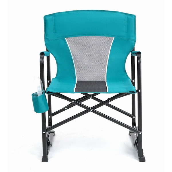 Blue Steel Portable Folding Camping Rocking Chair with Armrests and Cup Holder