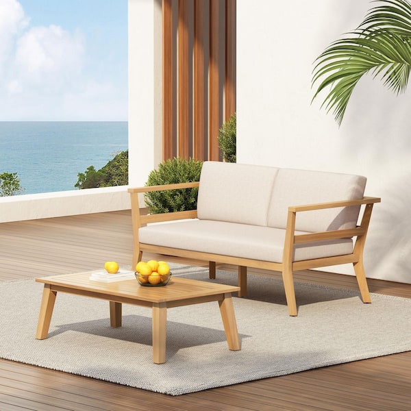 Winni Outdoor 2-Piece Solid Wood Patio Conversation Loveseat and Coffee Table Set with Beige Cushions, Light Teak Finish