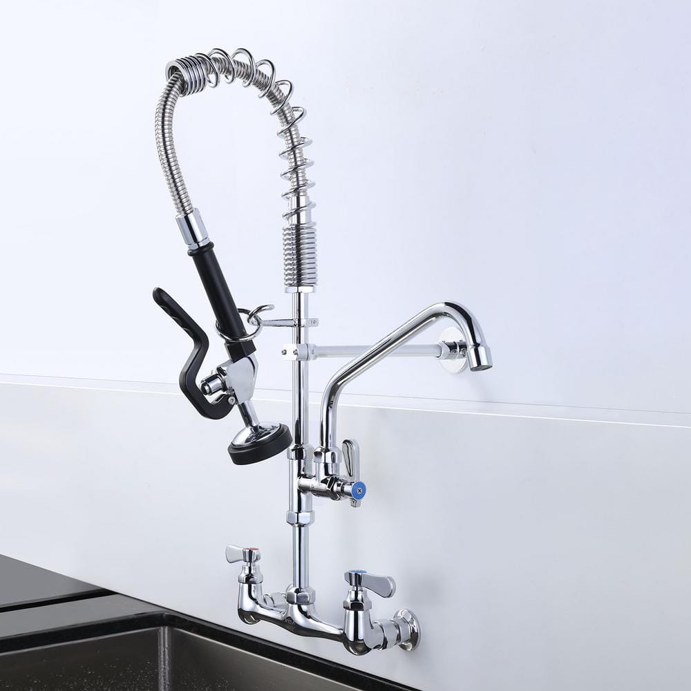 21 in. Polished Chrome Triple Handle Wall Mount Kitchen Faucet with Pull-out Spray
