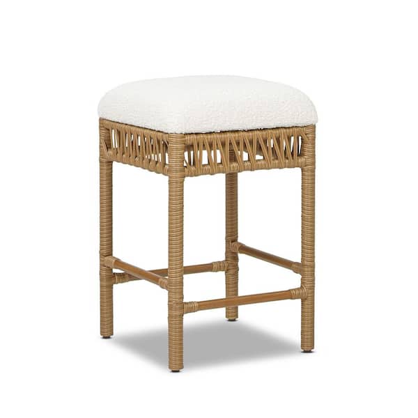 Jennifer Taylor Lucia 25.5 in. Ivory White Upholstered Backless Resin Rattan Counter Stool with Boucle Seat
