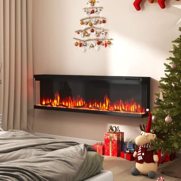 60 in. 3-Sided Wall Mount Electric Fireplace in Black with 12 Flame, Remote, 5 Brightness, Timer, 3D Recessed Fireplace
