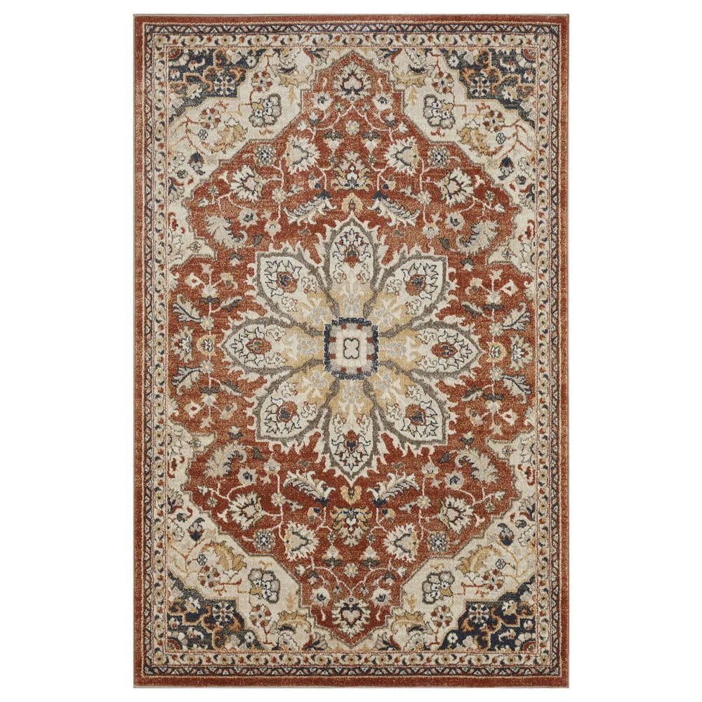 Red and Beige 4' x 6' Synthetic Oriental Area Rug