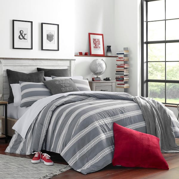 Nautica Craver 3-Piece Charcoal Gray Striped Cotton Full/Queen Comforter Set