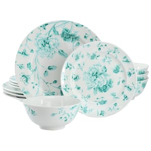 Chinoserie 12 Piece Round Porcelain Dinnerware Set Service For 4 in Teal