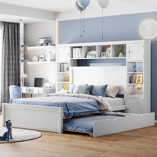 White Wood Frame Full Platform Bed with All-in-One Cabinet, Shelf and Sockets, Twin XL Trundle