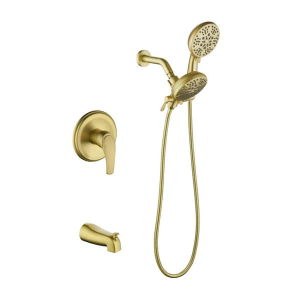 Rain Single Handle 7-Spray Tub Shower Faucet Handheld Combo with Valve 1.8 GPM Adjustable shower Head in Gold