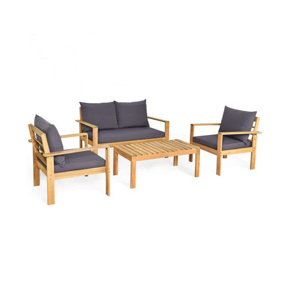 Tunearary 4Pieces Wood Patio Furniture Set Outdoor Conversation Set with Gary Cushion