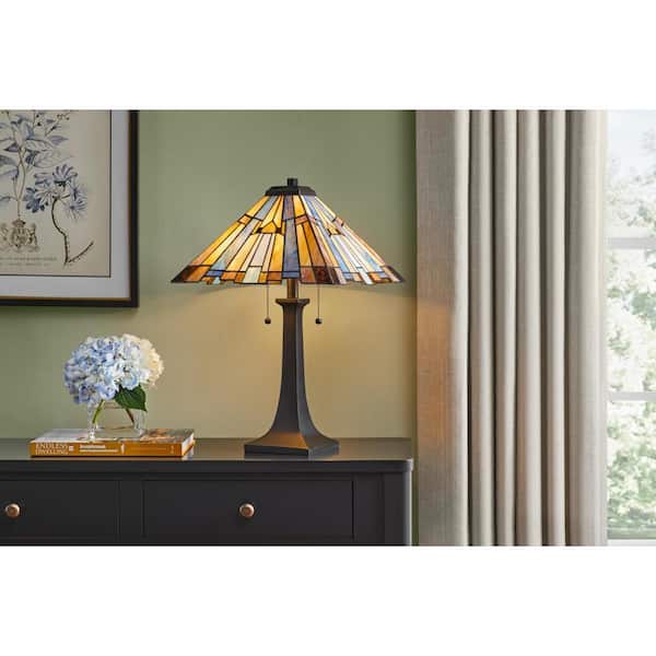 Waterville 24 in. 2-Light Matte Black Table Lamp with Tiffany Glass Shade