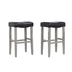 Jameson 29 in. Bar Height Antique Gray Wood Backless Barstool with Black Faux Leather Upholstered Saddle Seat (Set of 2)