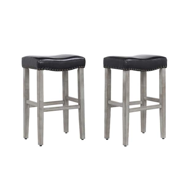 WESTINFURNITURE Jameson 29 in. Bar Height Antique Gray Wood Backless Barstool with Black Faux Leather Upholstered Saddle Seat (Set of 2)