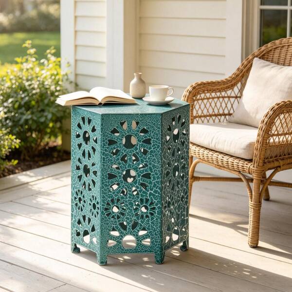 Modern 12 in. Iron Hexagon Outdoor Side Table, Teal Floral Cutout