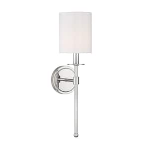 5 in. W x 20 in. H 1-Light Polished Nickel Wall Sconce with White Fabric Shade
