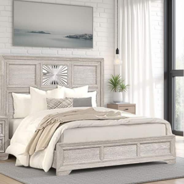 Light Gray Wood Frame King Size Platform Bed with Headboard
