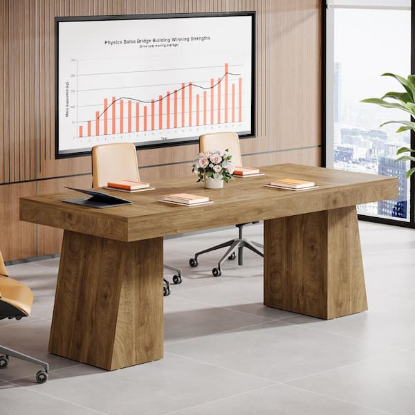 BYBLIGHT Moronia 55.1 in. Rectangle Light Brown Wood Desk with Thick Tabletop and Double Trapezoidal Legs, Wood Seminar Desk