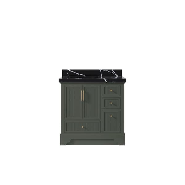 Willow Collections Alys 36 in. W x 22 in. D x 36 in. H Left Offset Sink Bath Vanity in Pewter Green with 2" Calacatta Black Top
