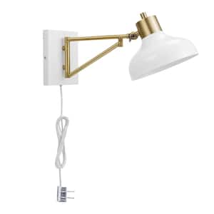 Campbell 1-Light White and Brass Plug-In or Hardwire Swing Arm Wall Sconce with 6 ft. Cord
