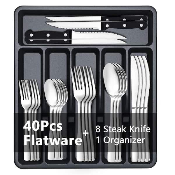 Stainless Steel Silverware Set for 8 with Serrated Steak Knives and Drawer Organizer