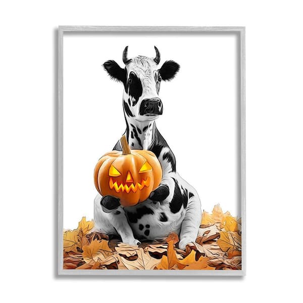 Stupell Industries Cow with Jack-o-Lantern by Annalisa Latella 1-Piece Framed Graphic Print Animal Poster Art Print 30 in. x 24 in.