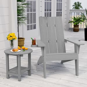 Oversize Modern Grey Plastic Outdoor Patio Adirondack Chair with Cup Holder with Side Table