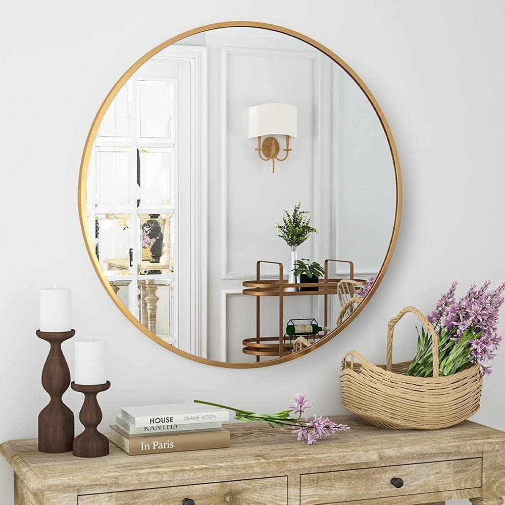 XRAMFY 20 in. W x 20 in. H Round Aluminum Alloy Framed Gold Wall Mirror