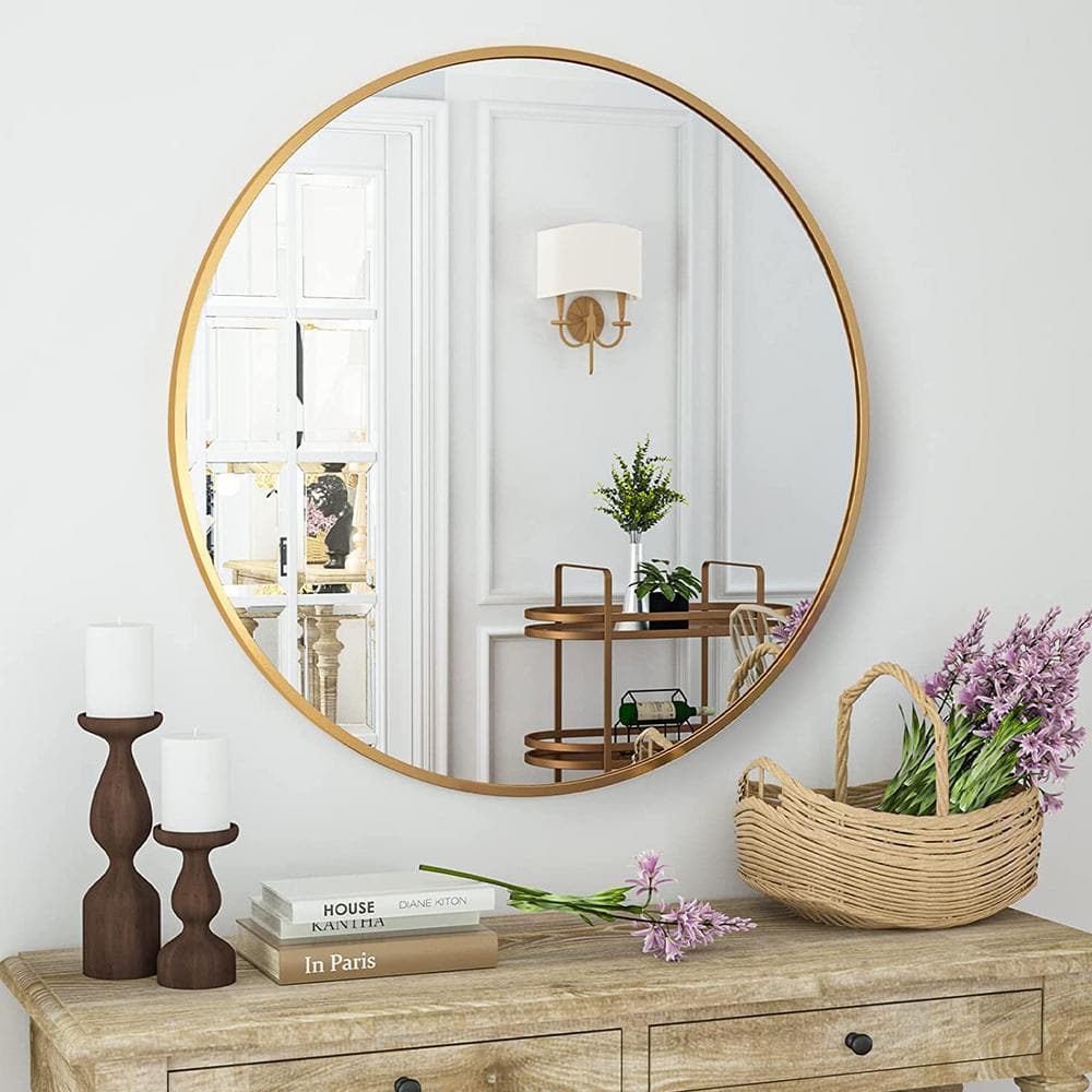 XRAMFY 24 in. W x 24 in. H Round Aluminum Alloy Framed Gold Wall Mirror