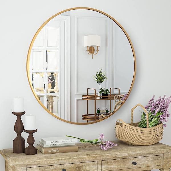 XRAMFY 30 in. W x 30 in. H Round Aluminum Alloy Framed Gold Wall Mirror