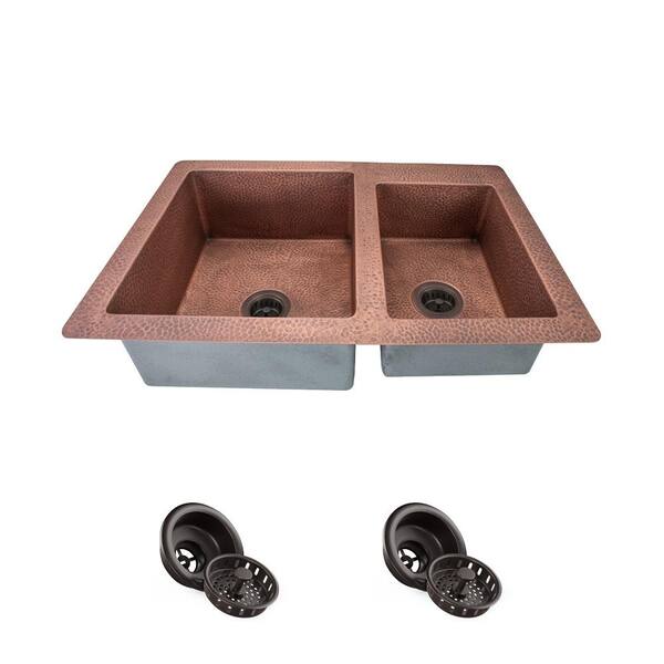 MR Direct Undermount Copper 33 in. Double Bowl Kitchen Sink with Strainers