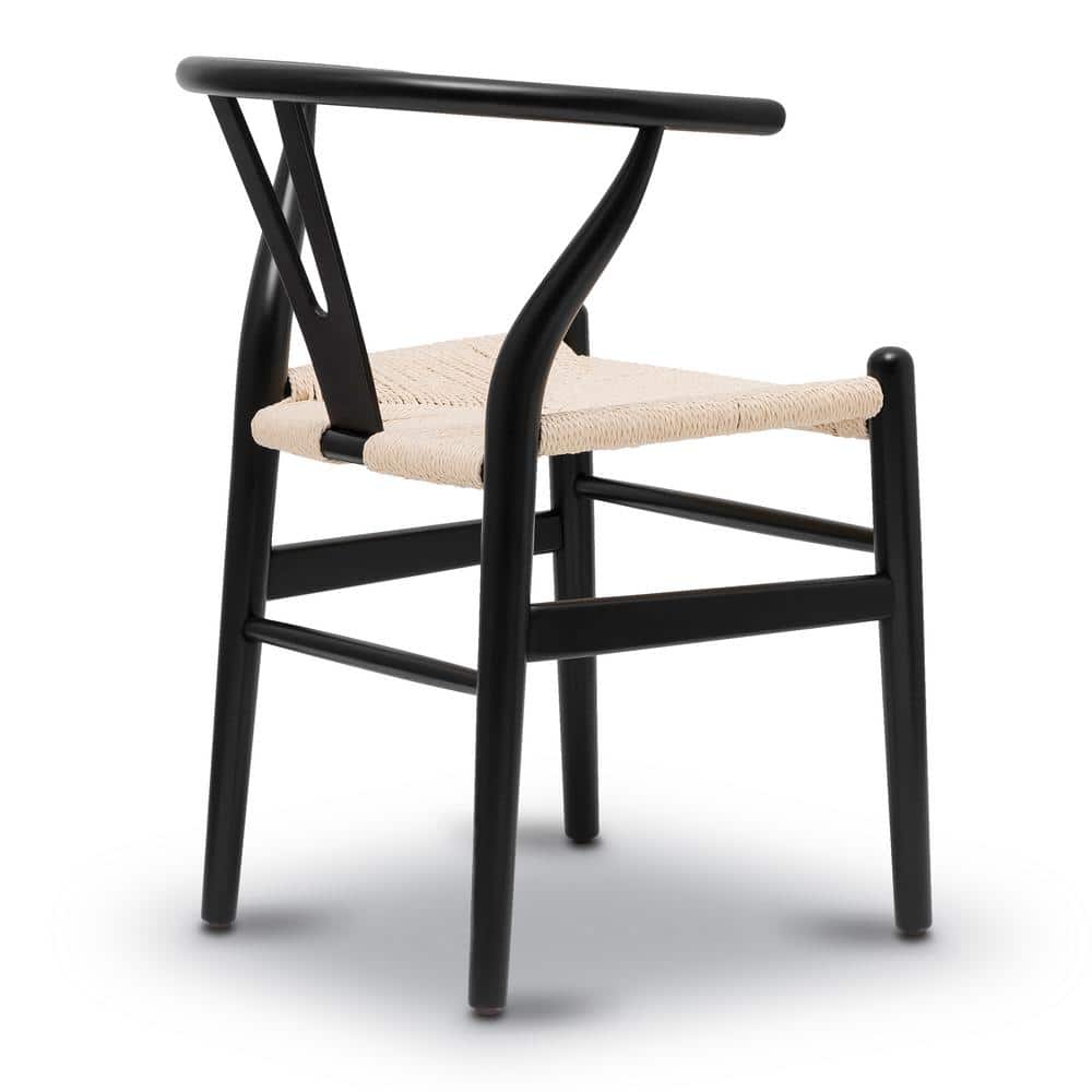 Black Wood Arm Chairs with Woven Seats, Set of 2