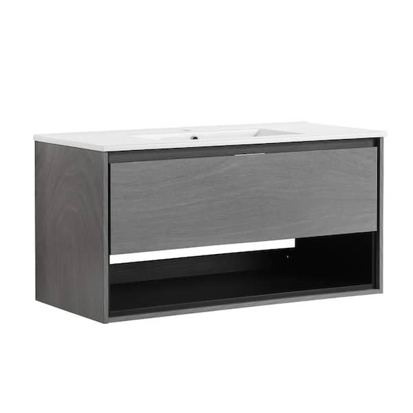 JimsMaison 36 in. W x 18 in. D x 20 in. H Bathroom Vanity Side Cabinet in Grey Ebony with White Ceramic Top