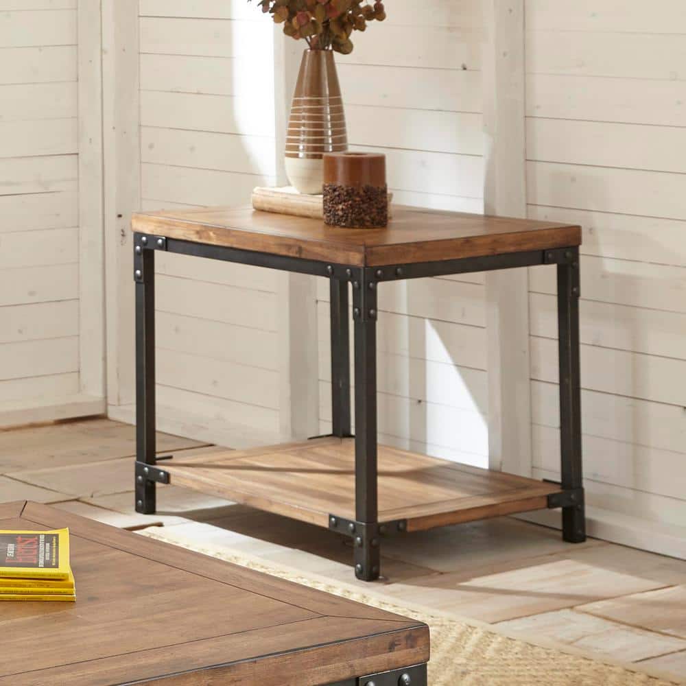 Rustic Acacia Honey & Black Metal Framed End Table
