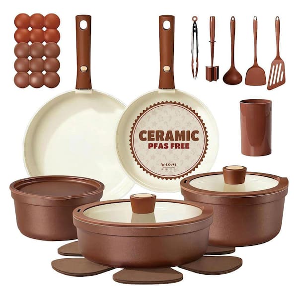 29-Piece White Non Stick Ceramic Cookware Set with Detachable Handles, Induction Compatible, Oven Dishwasher Safe