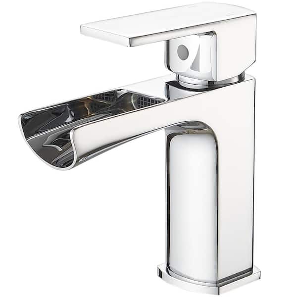 FLG Waterfall Single Handle Single Hole Bathroom Faucet with Drain Assembly Brass Sink Basin Vanity Taps in Polished Chrome