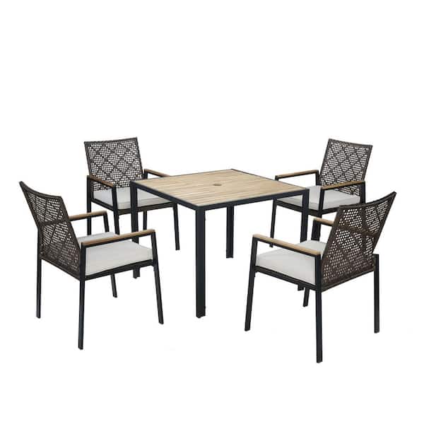 FIROMO Coffee Brown 5-Piece Acacia Wood Patio Conversation Outdoor Dining Set, Table Top with Umbrella Hole with Beige Cushion