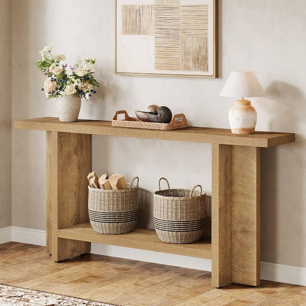 Turrella 59.05 in. Brown Rectangle Wood Console Table with 2 Storage Shelves and Sturdy T-Shaped Legs
