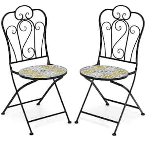 2-Piece Folding Metal Mosaic Outdoor Bistro Dining Chairs with Floral Pattern in Yellow