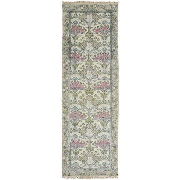 Floral 2 ft. x 8 ft. Ivory Gray and Pink Wool Floral Hand Knotted Runner Rug