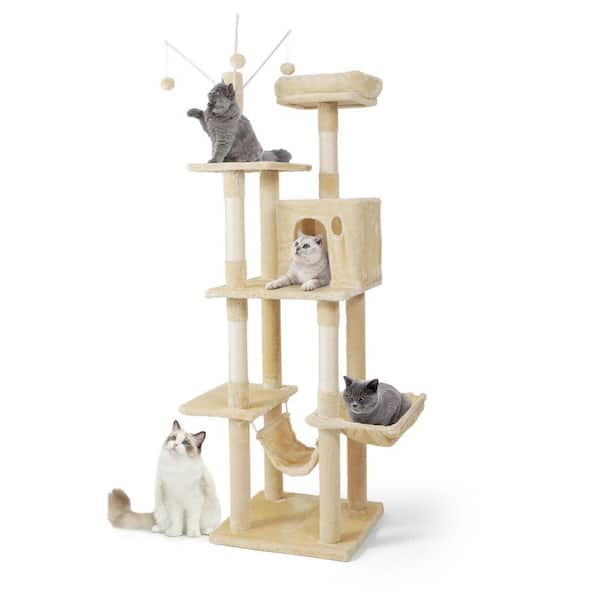 BOWHAUS 70 in. Beige Cat Tower for Indoor Cats, Multi-Level Cat Activity Tree with Scratching Posts, Basket, Cave Condo