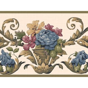 Falkirk Dandy II Blue Pink Yellow Flowers on Damask Vines Floral Peel and Stick Wallpaper Border