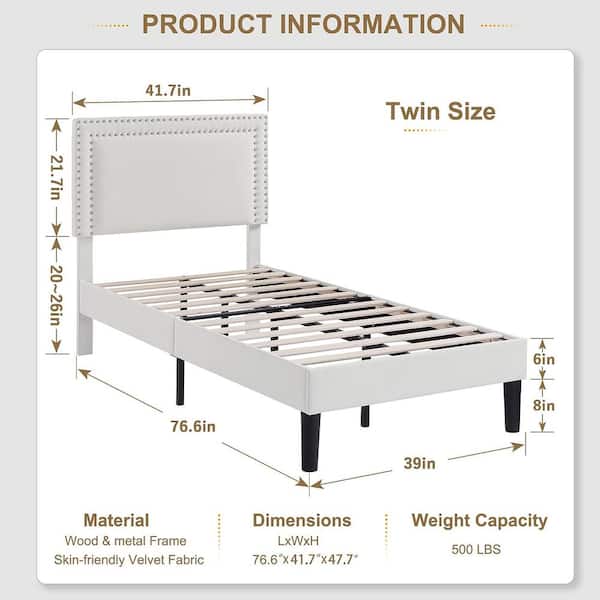 72 VECELO Upholstered Bed with Adjustable Headboard, No Box