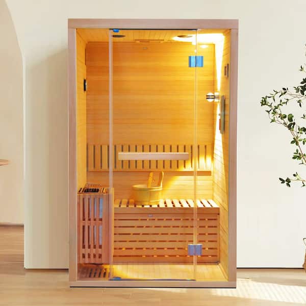 Moray 2-Person Traditional Indoor Hemlock Wet/Dry Sauna with Steam Metal Heater, Volcanic Sauna Stones, and Accessories