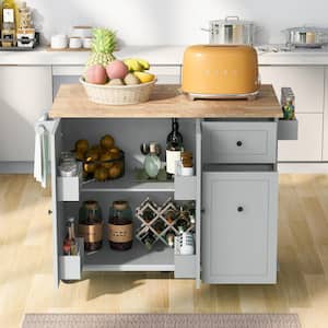 Gray Blue Wood 53.9 in. Kitchen Island on Wheels with Drop Leaf and 3-Tier Pull Out Cabinet Organizer for Kitchen