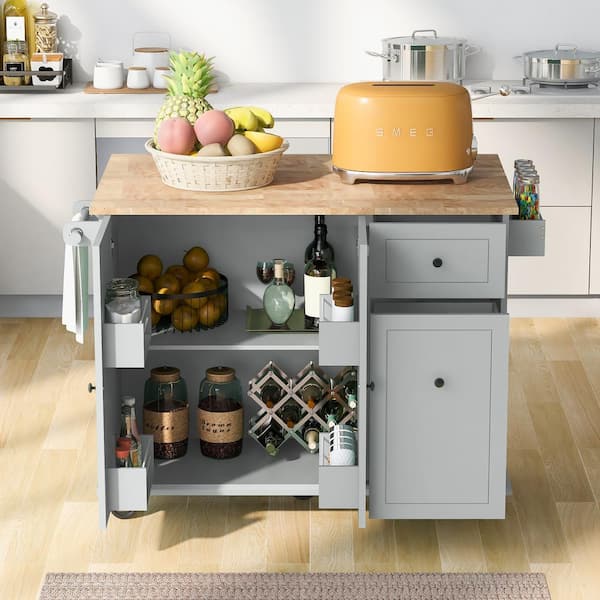 Unbranded Gray Blue Wood 53.9 in. Kitchen Island on Wheels with Drop Leaf and 3-Tier Pull Out Cabinet Organizer for Kitchen